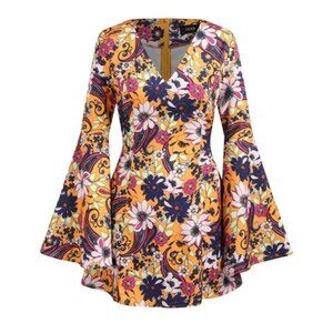 Y2K Retro V-Neck Multicolor Floral Long Bell Sleeve Fit and Flare Mini Dress